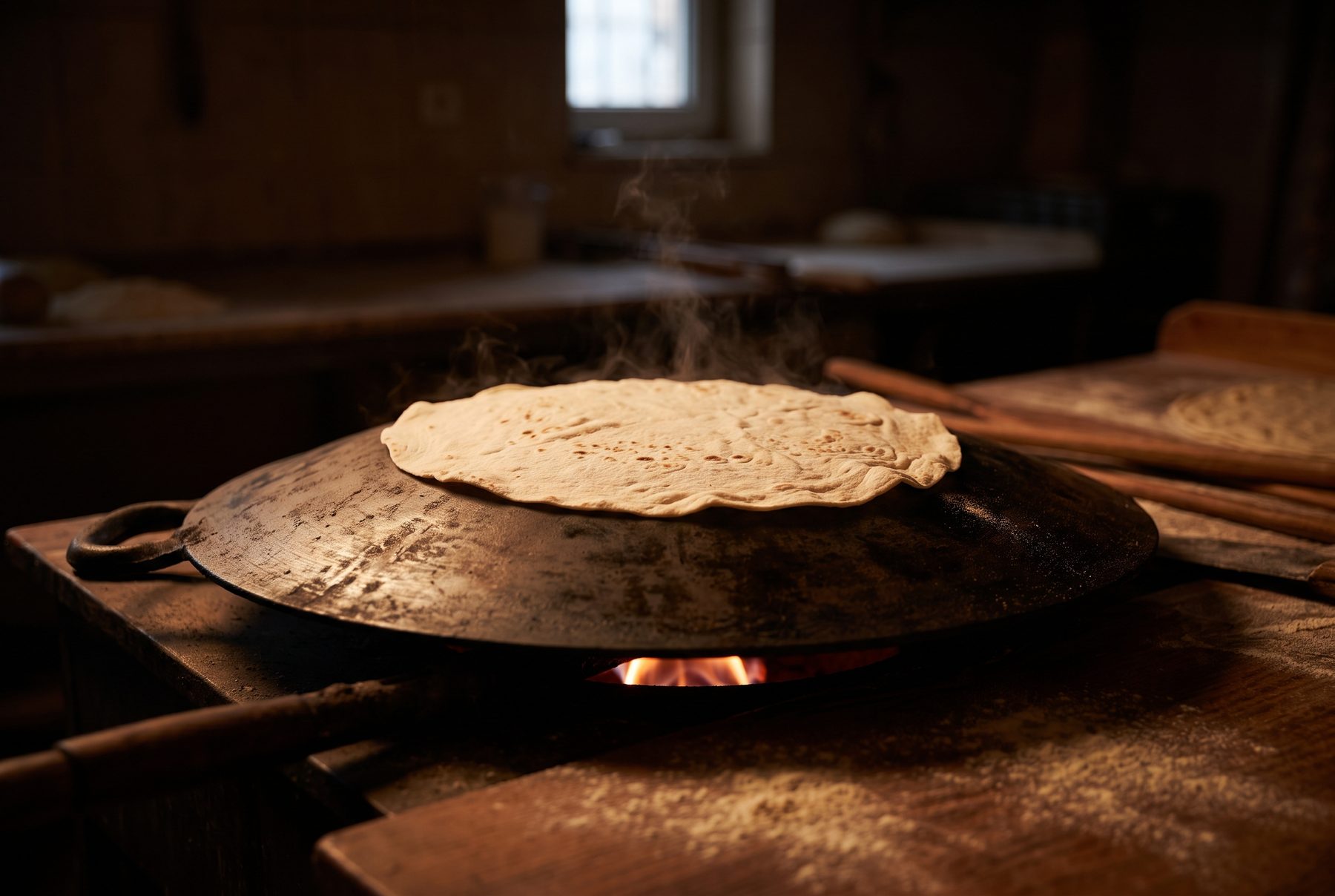 Een yufkavel bakt op een saç, de hete ijzeren plaat, boven een laag vuur